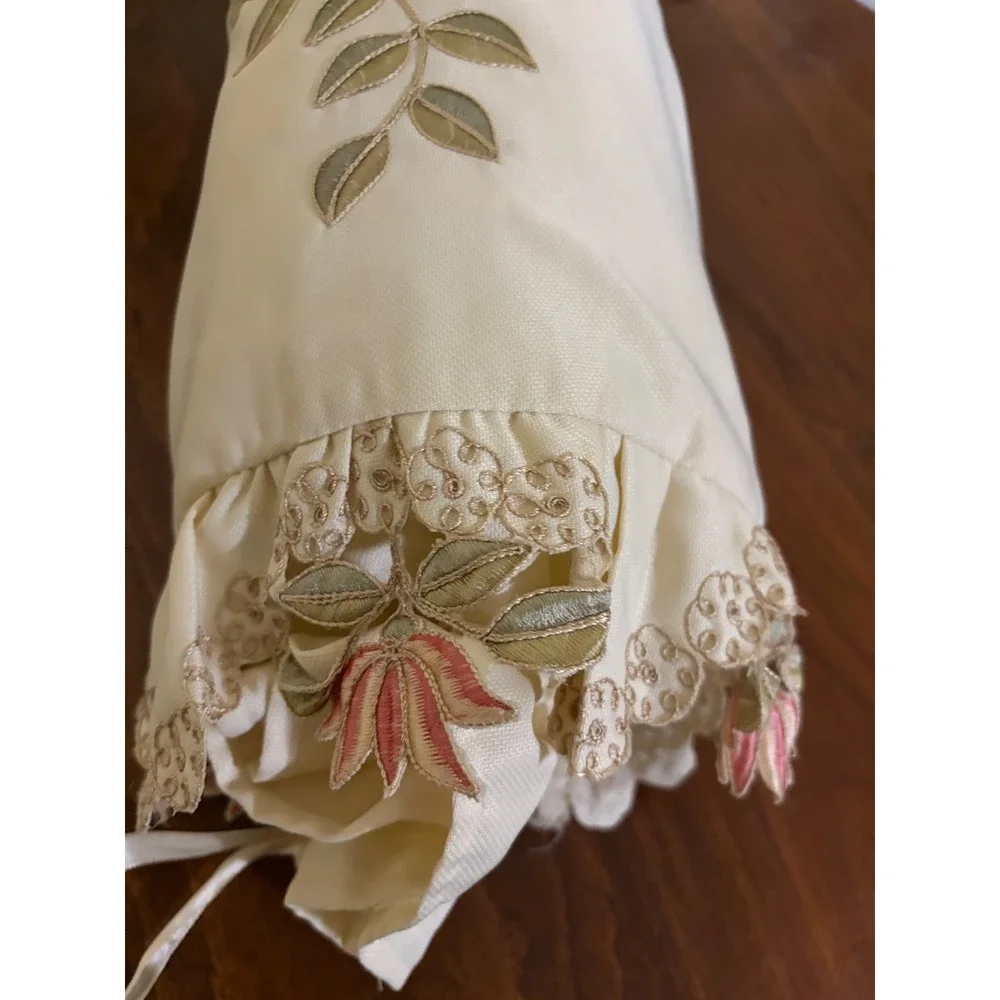 Cream Embroidered Lotus Bolster Pillow Ruffle Lace Trim Cylindrical 22in cottage